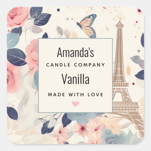 花とエッフェルタワーパリキャンドルビジネス スクエアシール (正面)