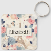 花とエッフェルタワーパリトラベルパターン キーホルダー (裏面)