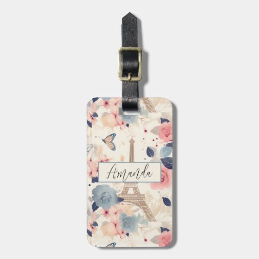 花とエッフェルタワーパリトラベルパターン ラゲッジタグ (正面縦)