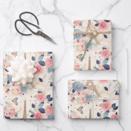 花とエッフェルタワーパリトラベルパターン ラッピングペーパーシート