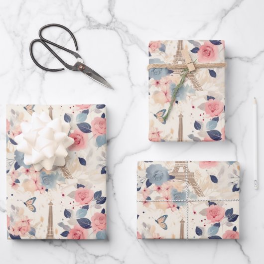 花とエッフェルタワーパリトラベルパターン ラッピングペーパーシート (正面)