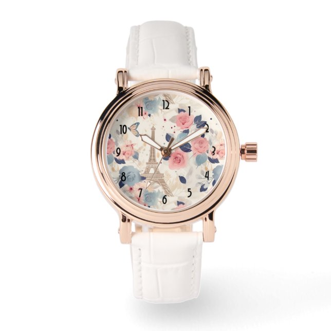 花とエッフェルタワーパリトラベルパターン 腕時計 (正面)