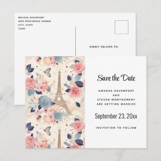 花とエッフェルタワーパリパターン 案内ポストカード (正面/裏面)