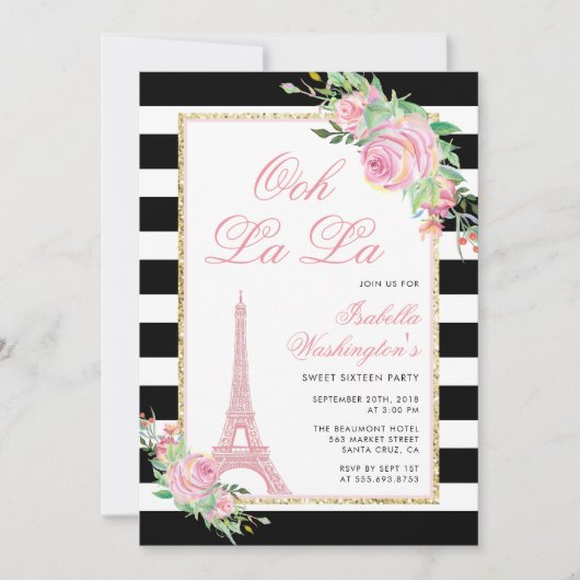 花とエッフェルタワー誕生日パーティーへの招待 招待状 (正面)