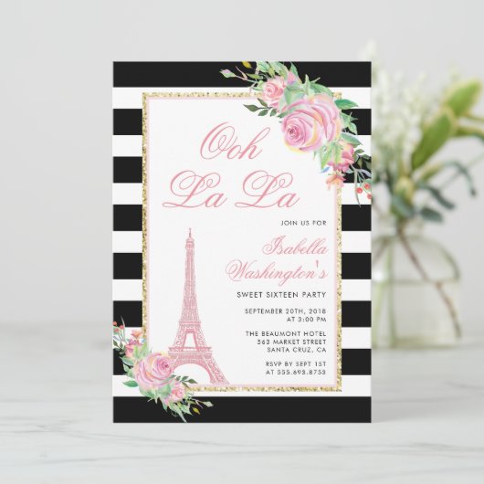 花とエッフェルタワー誕生日パーティーへの招待 招待状 (スタンド正面)