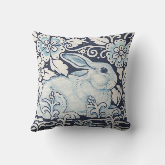 花とカタツムリのネイビーブルーと庭園のウサギ クッション (裏面)