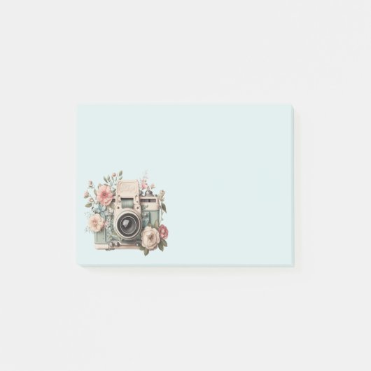 花とカメラのレトロパステルイメージ ポストイット (正面)