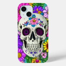 花とカラフルなドクロ iPhone 15ケース