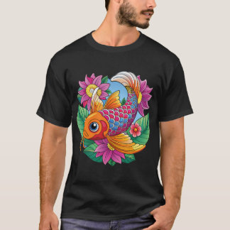 花とカラフルな鯉の魚 Tシャツ