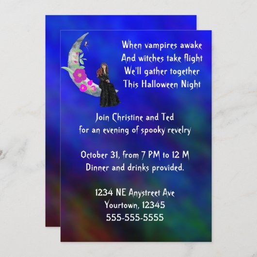 花とクモのハローウィンパーティで月の魔女 招待状 (正面/裏面)