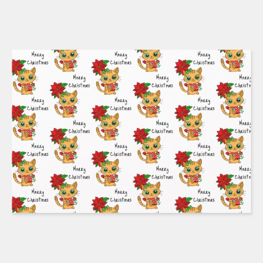 花とクリスマスを飾るかわいい子猫たち|過去記事 ラッピングペーパーシート (正面3)