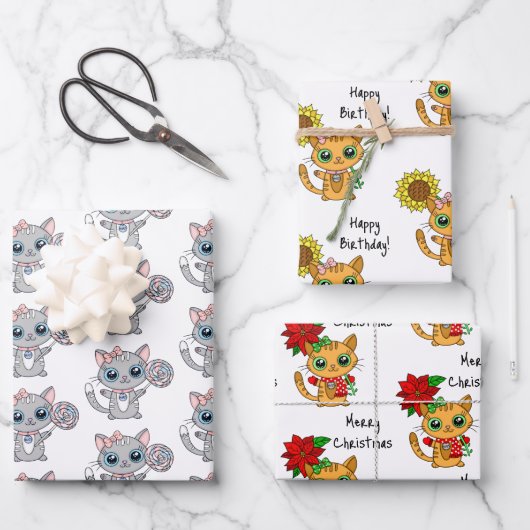 花とクリスマスを飾るかわいい子猫たち|過去記事 ラッピングペーパーシート (正面)