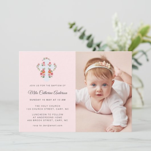 花とクロスのピンクの淡い色の写真バプテスマ 招待状 (スタンド正面)