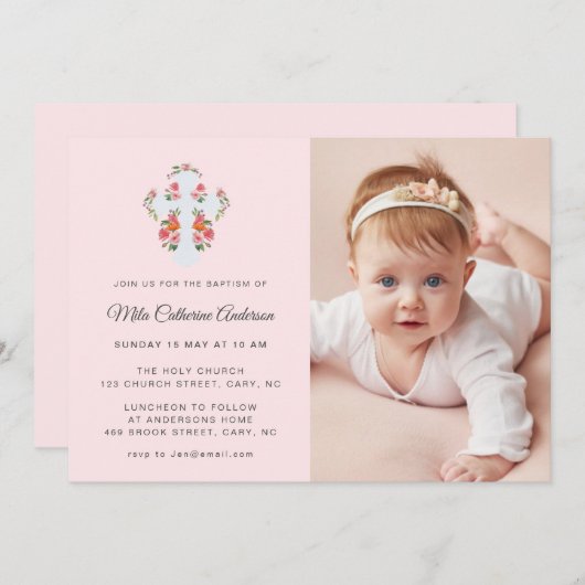 花とクロスのピンクの淡い色の写真バプテスマ 招待状 (正面/裏面)