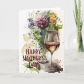 花とグラスのワイン、完璧な贈り物、母の日 カード (正面)