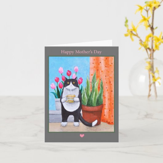 花とコーヒーが登場するかわいい猫マザーズの日 カード (黄色い花)
