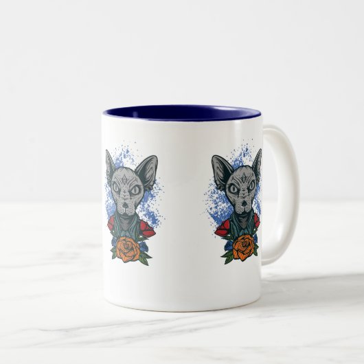花とコーヒーのマグカップを添えたスフィンクス。 ツートーンマグカップ (正面右)