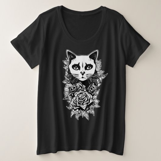 花とゴシックな猫 プラスサイズTシャツ (デザイン正面)
