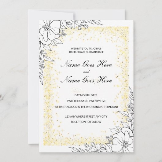 花とゴールドフレームの結婚式招待状 招待状 (正面)