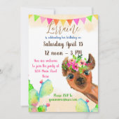 花とサボテンの子供カスタムの可愛いラマ 招待状 (正面)