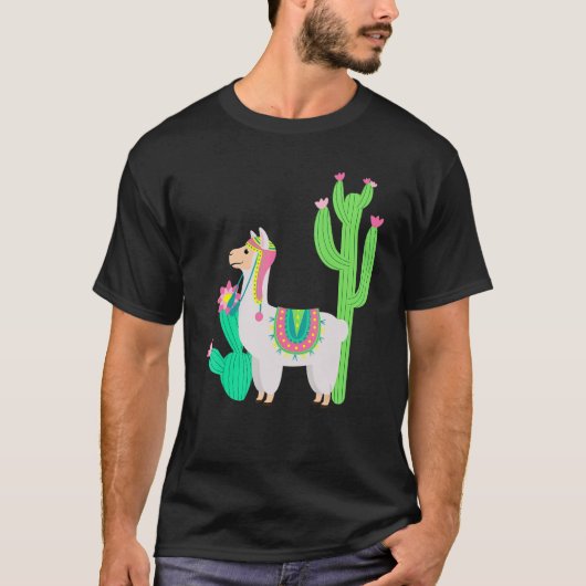 花とサボテンを抱えたかわいいラマ キャメイド 衣装 Tシャツ (正面)