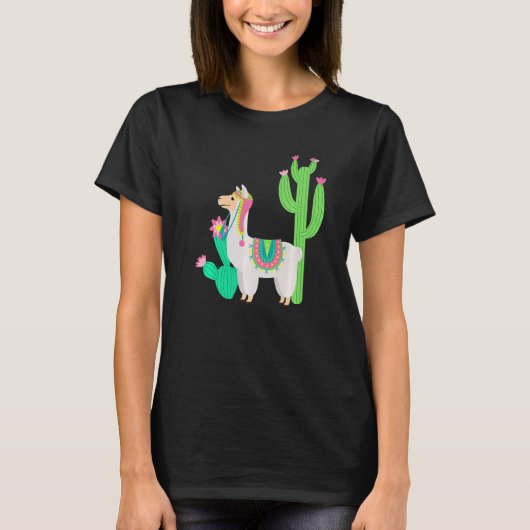 花とサボテンを抱えた可愛いラマのラクダ科動物の服 Tシャツ (正面)