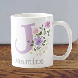 花とジャスミンのイニシャルと名前 コーヒーマグカップ