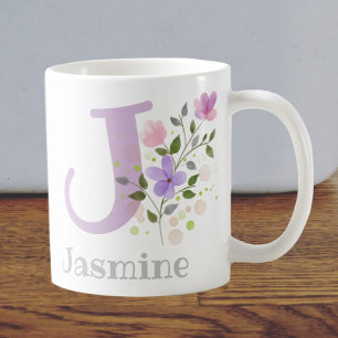 花とジャスミンのイニシャルと名前 コーヒーマグカップ