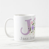 花とジャスミンのイニシャルと名前 コーヒーマグカップ (左)