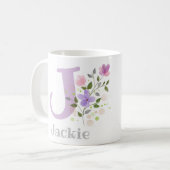 花とジャックのイニシャルと名前 コーヒーマグカップ (正面左)
