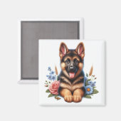 花とジャーマンシェパードの子犬 マグネット (正面/裏面)
