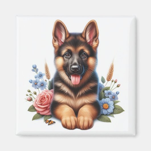 花とジャーマンシェパードの子犬 マグネット (正面)