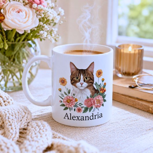 花とスイートタビーキャット コーヒーマグカップ