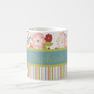 花とストライプパーソナライズされたマグカップ コーヒーマグカップ