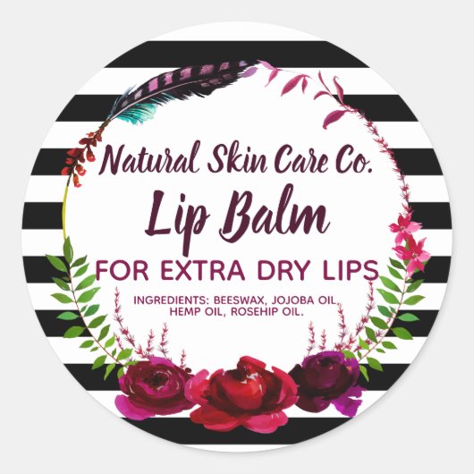 花とストライプ花リップクリームのビジネスラベル ラウンドシール (正面)
