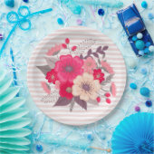 花とストライプ花 ペーパープレート (パーティー)