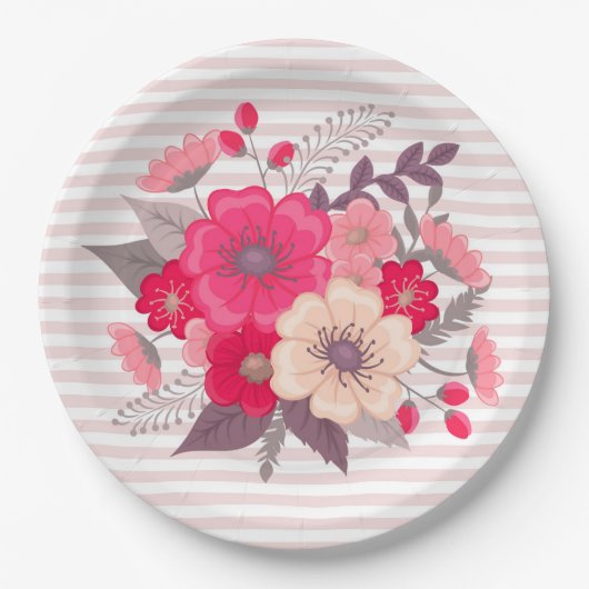 花とストライプ花 ペーパープレート (正面)