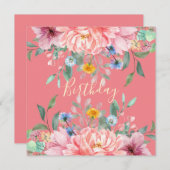 花とソフトピンク誕生日パーティーの招待 招待状 (正面/裏面)