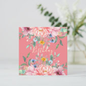花とソフトピンク誕生日パーティーの招待 招待状 (スタンド正面)