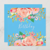 花とソフトブルー誕生日パーティー招待状 招待状 (正面/裏面)