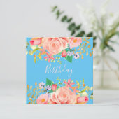 花とソフトブルー誕生日パーティー招待状 招待状 (スタンド正面)