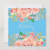 花とソフトブルー誕生日パーティー招待状 招待状 (正面)