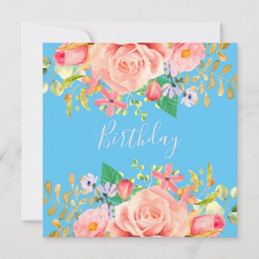 花とソフトブルー誕生日パーティー招待状 招待状 (正面)