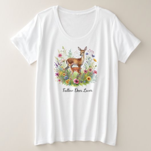 花とダマジカのメスと子鹿 プラスサイズTシャツ (デザイン正面)