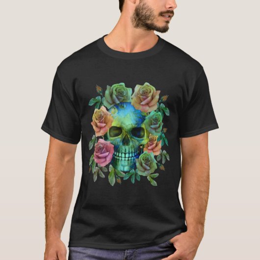 花とデスグリーンスカル Tシャツ (正面)