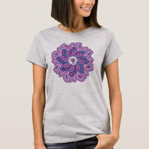 花とデニムパープルとブルーデザイナートップ Tシャツ