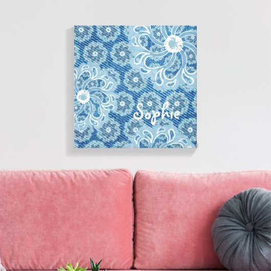 花とデニム色あせたアクアスクエアキャンバスのラップ キャンバスプリント (インサイチュ (リビング))