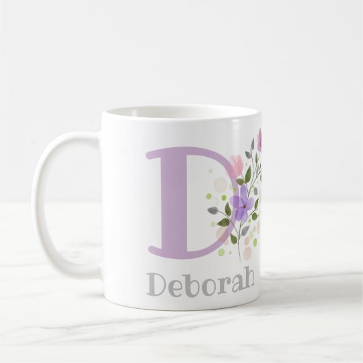 花とデボラのイニシャルと名前 コーヒーマグカップ (左)