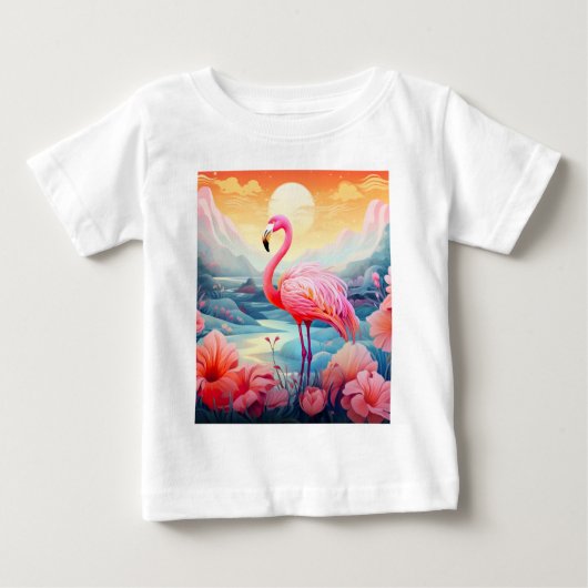 花とトロピカルフラミンゴ ベビーTシャツ (正面)