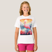花とトロピカルフラミンゴ Tシャツ (正面フル)